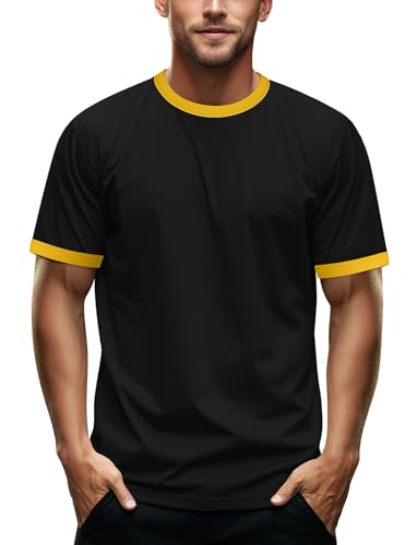 Mens Ringer T Shirts Triblend Performance Crew Neck Tee Short Sleeve Active Jersey (Black/Yellow,XL)