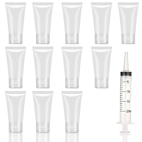 Jadsy Creations - (12pcs per pack) 60ml CLEAR Empty Cosmetic Tubes with free Syringe Soft Tubes Container Bottle Vial Jar with Flip Cap Storage for Shower Gel Body Lotion Cleanser Shampoo 60ml CLEAR