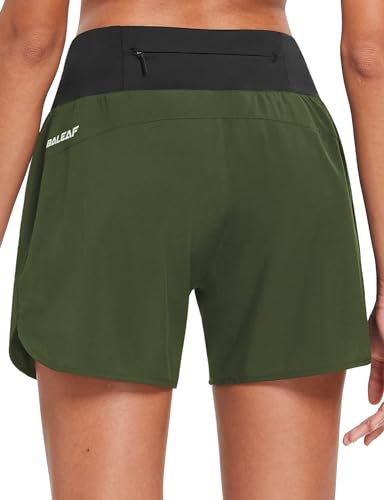 BALEAF Women's 5' Workout Shorts Gym Running Shorts Athletic with Liner High Waistband Quick Dry Sports Zipper Pockets Army Green M