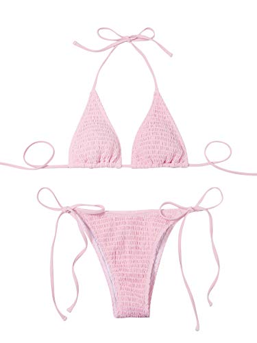 SweatyRocks Women's 2 Piece Triangle Bathing Suit Halter Top Tie Side Thong Bikini Swimsuits Pale Pink S