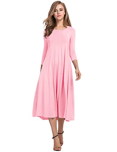 HOTOUCH Women's 3/4 Sleeve Empire Waist Pleated Loose Swing Casual Flare Dress (Misty Rose M)