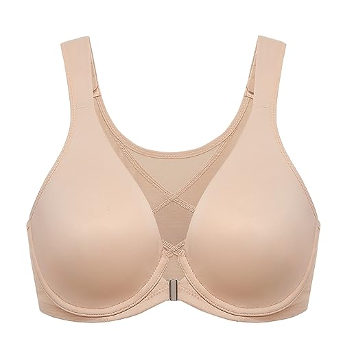 DELIMIRA Women's Front Closure Bras Posture Full Coverage Plus Size Underwire Unlined Back Support Plunge Seamless Bra B-H Cups Beige 38C