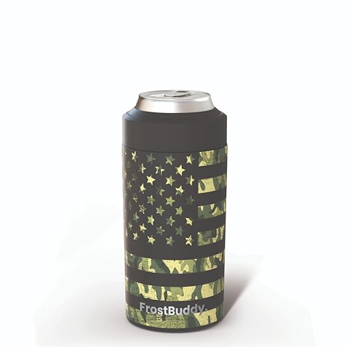Frost Buddy Universal Can Cooler - Fits all - Stainless Steel Can Cooler for 12 oz & 16 oz Regular or Slim Cans & Bottles - Stainless Steel (Camo Flag)