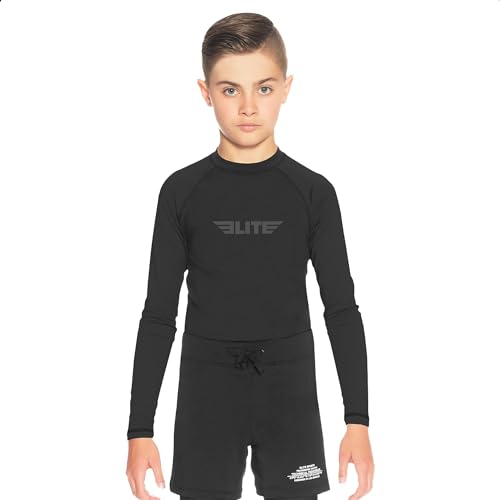 Elite Sports Rash Guards for Boys and Girls, Full Sleeve Compression BJJ Kids and Youth Rash Guard (Black, Small)