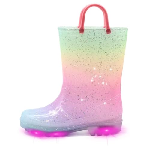 EUXTERPA Toddler-Kids Waterproof Light Up Rain Boots Patterns and Glitter Boots with Handles for Girls Toddler Size 10 Pink Gradient