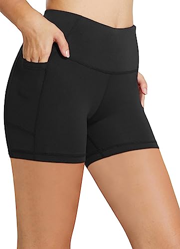 BALEAF Biker Shorts Women Yoga Gym Workout Spandex Running Volleyball Tummy Control Compression Shorts with Pockets 5' Black S