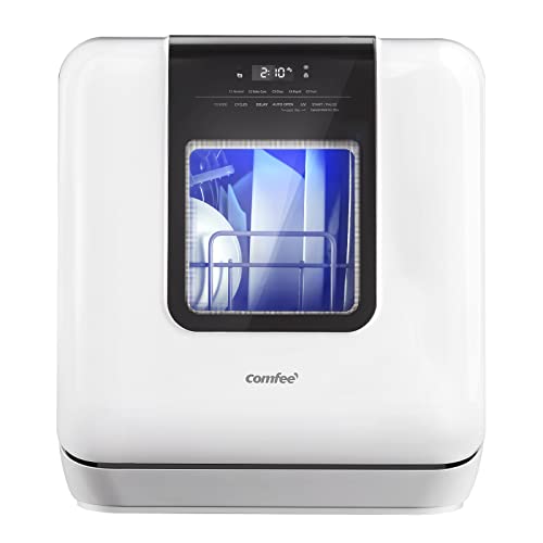 COMFEE' Countertop Dishwasher, Portable Dishwasher with 6L Built-in Water Tank, Mini Dishwasher with More Space Inside, 7 Programs, UV Hygiene& Auto Door Open, for Apartments, Dorms& RVs, White