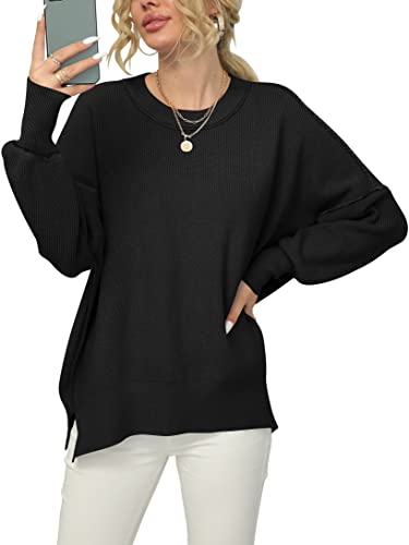 ANRABESS Women's Oversized Long Sleeve Knit Sweater 2023 Fall Crew Neck Casual Loose Solid Color Pullover Jumper Tops Black A305heise-M