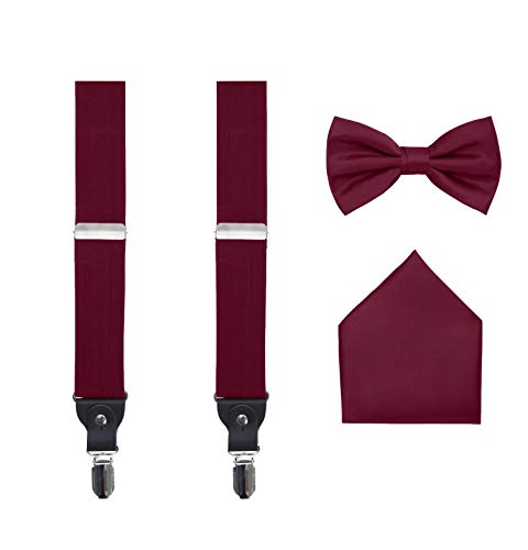 S.H. Churchill & Co. Men's 3 Piece Suspender Set - Includes Suspenders, Matching Bow Tie, Pocket Hanky and Gift Box - Burgundy