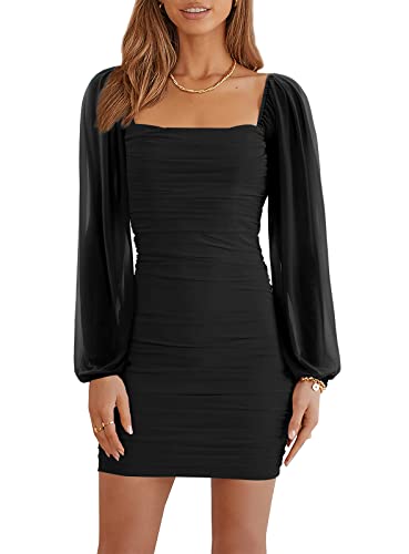 Wenrine Women's Mesh Long Sleeve Square Neck Ruched Party Club Cocktail Bodycon Mini Dress Black