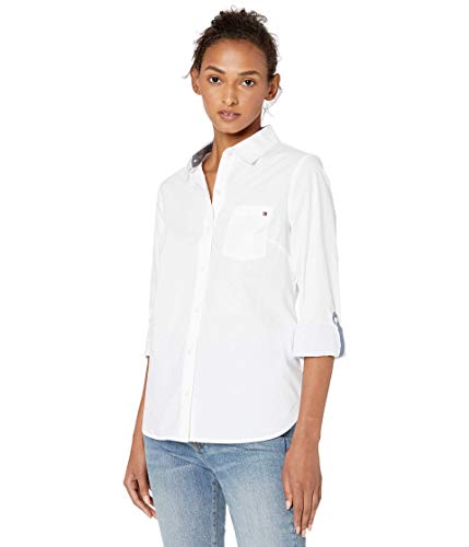 Tommy Hilfiger Women's Solid Button Collared Shirt with Adjustable Sleeves, Bright White, M