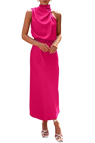 PRETTYGARDEN Women's 2024 Summer Satin Dress Elegant Sleeveless Mock Neck Cocktail Party Maxi Dresses (Rose Red,Medium)