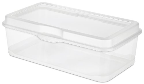 Sterilite Large FlipTop, Stackable Small Storage Bin with Hinging Lid, Plastic Container to Organize Desk at Home, Classroom, Office, Clear, 6-Pack