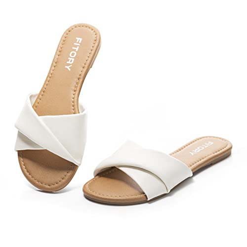 FITORY Women's Flat Sandals Fashion Slides With Soft Leather Slippers for Summer White Size 9