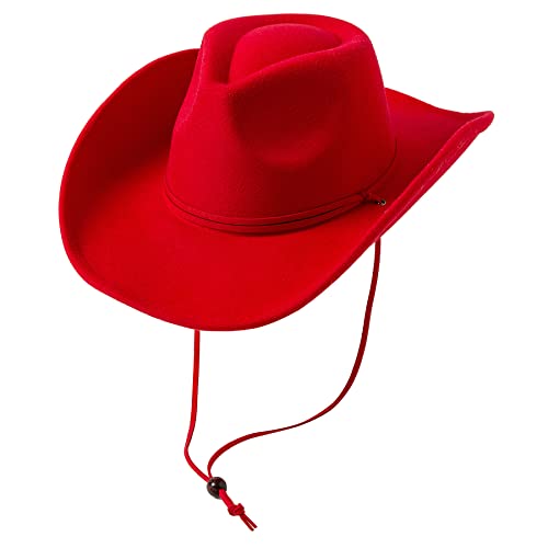 Lanzom Women Men Retro Felt Wide Brim Western Cowboy Cowgirl Hat Dress Up Hat with Wind Lanyard Fit Size 6 8/7-7 1/4(Red,Medium)