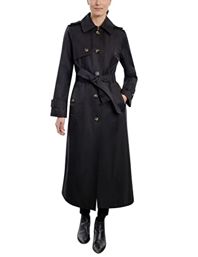 London Fog Women's Single Breasted Long Trench Coat with Epaulettes and Belt, Black, Medium