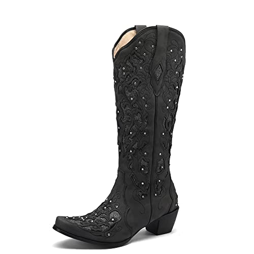 Tscoyuki Women's Rhinestones Western Knee High Boots, Embroidery Pointed Toe Chunky Block Heel Cowboy Cowgirl Mid Calf Boots with Pull On Taps