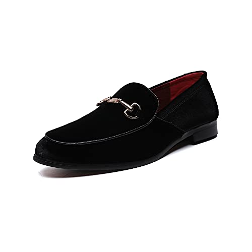 LCQL Men's Fashion Loafers Slip on Patent Leather Shoes Embroidered Tuxedo Dress Shoes Pointed Toe Smoking Slipper Size 10 Black