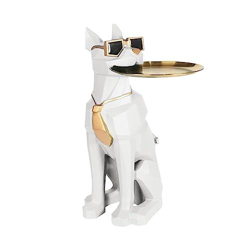 homary Modern Resin Dog Sculpture Geometric Standing Statue Cute End Side Table with Metal Storage Tray Tissue Box (White)