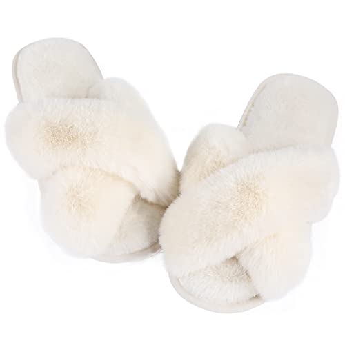 Ankis Women White Fuzzy Fluffy Slippers Soft Cozy Plush Fuzzy Slippers Memory Foam Slipper Fluffy Furry Open Toe Fuzzy Slippers Bedroom Comfy Cross Band Slippers for Womens House Indoor Size 11 12