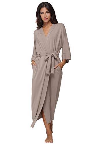 Women's Full Length Kimono Robes Modal Knit Long Bathrobes Soft Dressing Gown Loungewear,Khaki