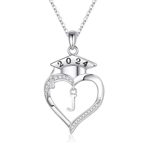 2024 Graduation Gifts for Her - 925 Sterling Silver Heart Initial J Necklace 2024 High School College Graduation Gifts for Her Girlfriend Daughter Sisters Best Friend Class of 2024 Gifts