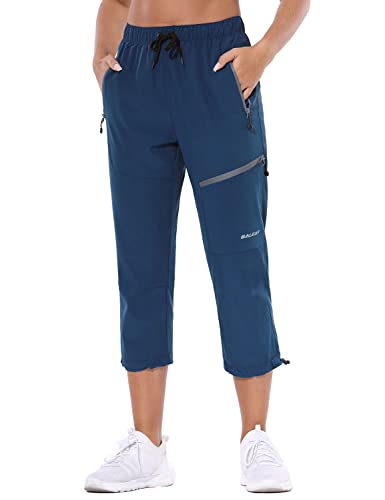 BALEAF Women's Hiking Cargo Capris Outdoor Lightweight Water Resistant Pants UPF 50 Zipper Pockets Navy Blue Size L