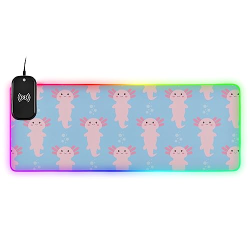 VKPSCHJ Desk Pad with Wireless Charging Cute Cartoon Axolotl Large RGB Gaming Mouse Pads 10 Light Modes Pink 15W Computer Keyboard Mat Antislip Protector Mats for Office Home Table Gaming Decor