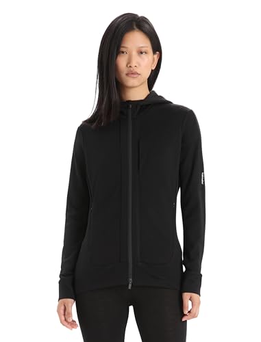 Icebreaker Merino Quantum III Women’s Long Sleeve Zip Up Hoodies, 100% Merino Wool - Comfortable Warm Full Zip Hoodie Jacket Sweatshirt with Thumb Loops, Pockets - Black, X-Large