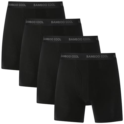 BAMBOO COOL Men’s Underwear boxer briefs Soft Comfortable Bamboo Viscose Underwear Trunks (4 Pack) (L, black long boxer briefs)