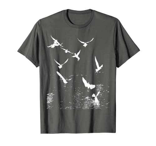 White Silhouette Of A Flock Of Seagulls Over Water T-Shirt