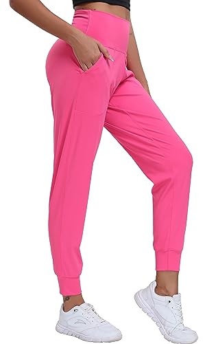 Oalka Women's Joggers High Waist Yoga Pockets Sweatpants Sport Workout Pants Hot Pink L