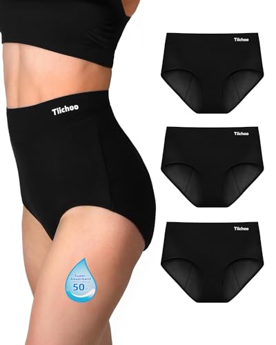 TIICHOO Period Underwear for Women Heavy Flow Extra High Waisted Period Panties Soft Menstrual Leakproof Underwear(Large, Black)