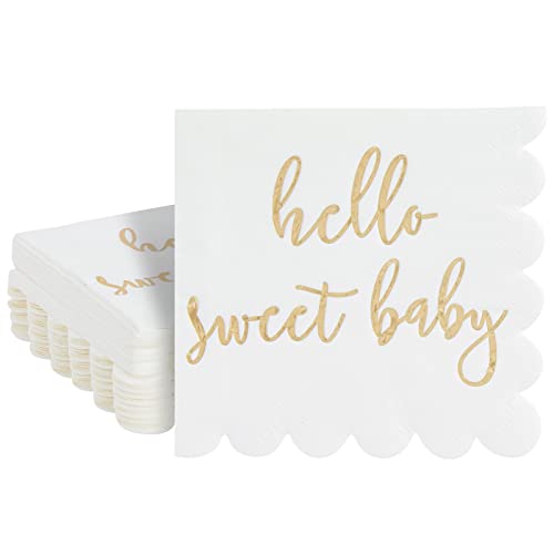 Juvale 50 Pack White Scalloped Baby Shower Napkins for Girls and Boys, Gold Foil Hello Sweet Baby Decorations (5 x 5 In)