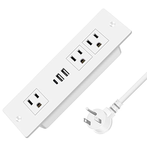 HEZI Recessed Power Strip, Furniture Drawer Outlet with 20W PD USB-C & 18W QC3.0 USB-A, Plug in 3 Outlets & USB Ports, Flush Mount 6FT White Extension Cord Conference Desk Outlets