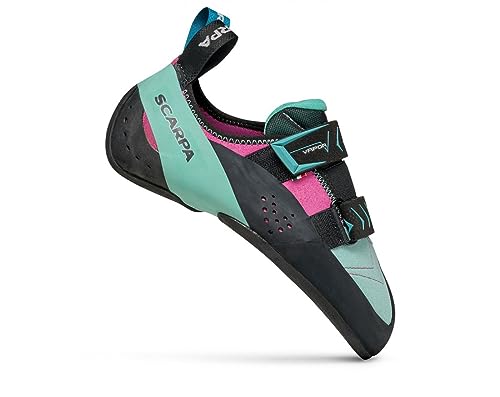 SCARPA Women's Vapor V Rock Climbing Shoes for Sport Climbing and Bouldering - Low-Volume, Women's Specific Fit - Dahlia/Aqua - 6.5-7
