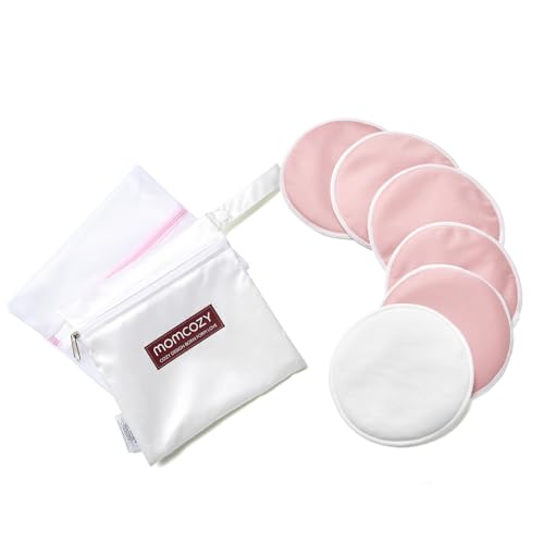 Momcozy Reusable Breast Pads, Innovative Use of Absorbent Fabric & 3-layer Washable Nursing Pads, Ultra-thin Design, Invisible, Fast Absorption, Leak-poof, 6 Pack + Dry & Wet Separation Bag + Wash Bag