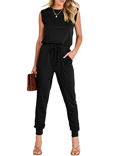 ANRABESS Women’s Black Jumpsuit Crewneck Sleeveless Loose Stretchy Long Pants Rompers with Pockets A330heise-S