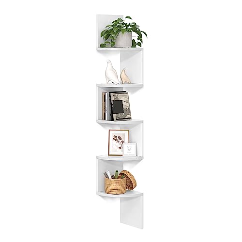 VASAGLE Corner Shelf Wall Mount, 5-Tier Floating Corner Bookshelf, Plant Shelf for Bedroom, Living Room, Bathroom, Home Office, Simply White ULBC72WT