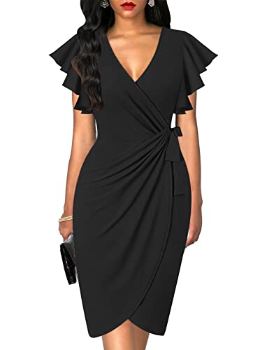 oten Womens Casual Ruffle Sleeves V Neck Dresses Pleated Office Work Party Wrap Around Dress Black X-Large