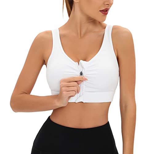 Zip Front Closure Surgical Sports Bra, Post Breast Surgery Mastectomy Compression Nursing Bra with Removable Pads (White) Large