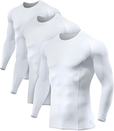 ATHLIO Men's UPF 50+ Long Sleeve Compression Shirts, Water Sports Rash Guard Base Layer, Athletic Workout Shirt, 3pack White/White/White, Small