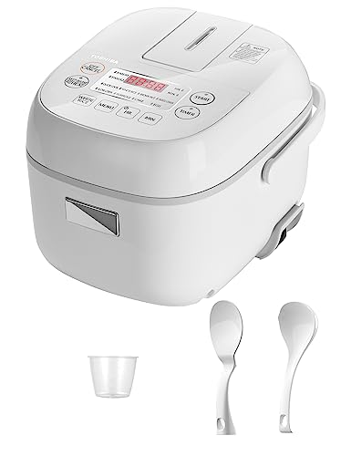TOSHIBA Rice Cooker Small 3 Cup Uncooked – LCD Display with 8 Cooking Functions, Fuzzy Logic Technology, 24-Hr Delay Timer and Auto Keep Warm, Non-Stick Inner Pot, White