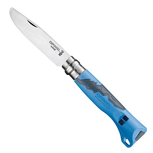 Opinel Outdoor Junior No. 07 Stainless Steel Folding Knife with Safety Rounded Tip, Integrated Whistle, Made in France (Blue)