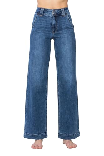 Judy Blue Women's High-Rise Double Button Waistband Wide Leg Jeans (Medium Blue, 13)