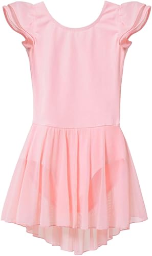 MdnMd Dance Ballet Leotards for Girls Toddler Ballerina Outfit with Skirt Dress Tutu Flutter Sleeve (Ballet Pink/Age 2-4T)