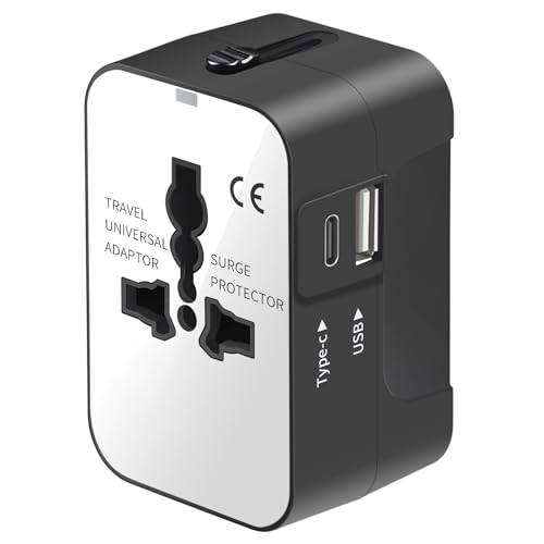 Travel Adapter, Worldwide All in One Universal Travel Adaptor Wall AC Power Plug Adapter Wall Charger with Dual USB Charging Ports (1 USB C) for USA EU UK AUS Cell Phone Laptop