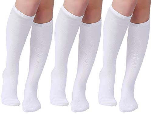 Joulli Women's Knee High Athletic Socks Stripe Tube Outdoor Sport Socks 3 Pairs, White