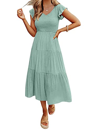 MEROKEETY Women's Summer Casual Ruffle Midi Dress V Neck Smocked Flowy Long Sun Dress, Sage, XL