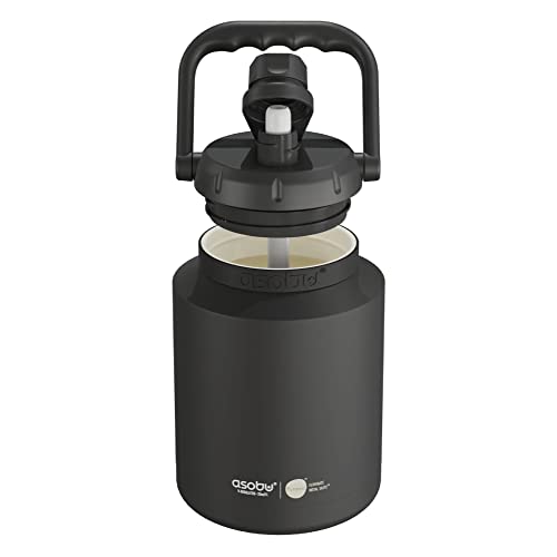 Asobu Puramic Mini Stainless Steel Double Walled Vacuum Insulated 33 Ounce Jug With Full Hand Easy Carry Handle and Pop Up Straw (Black)